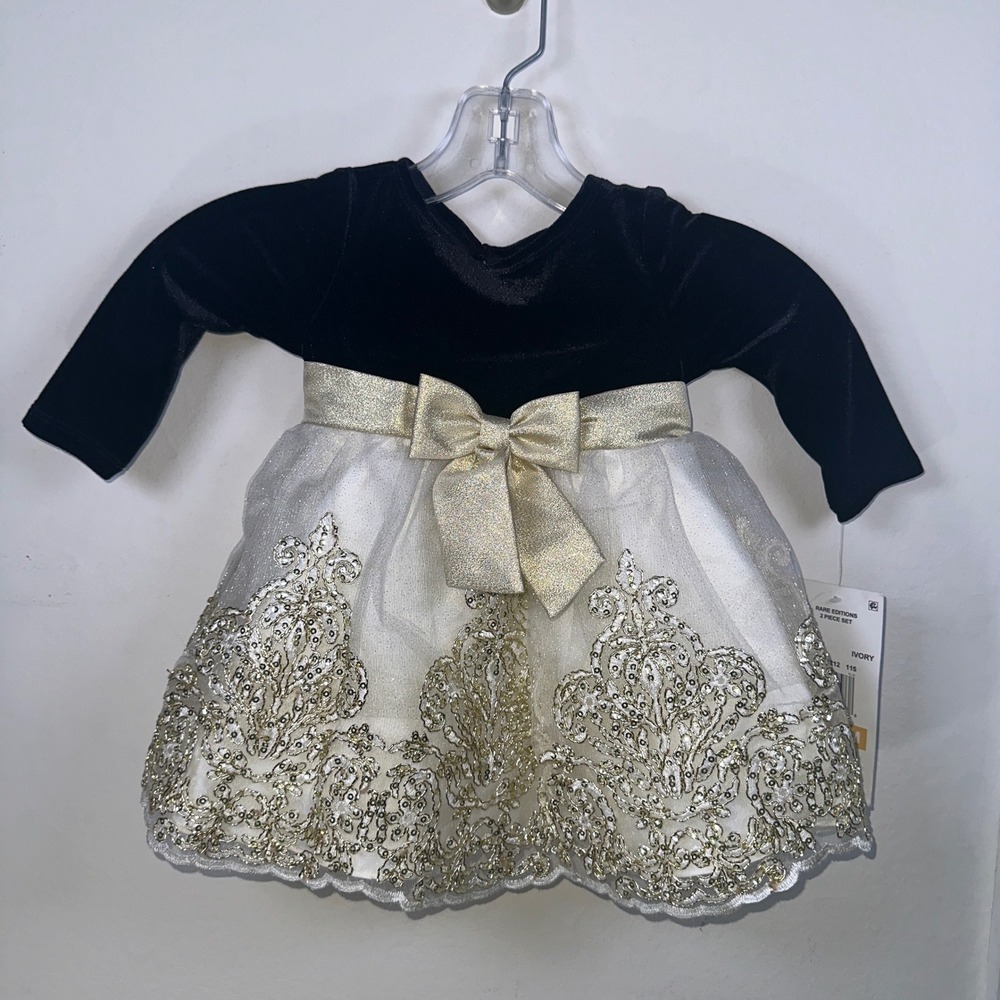 Rare Editions Baby Girls Velvet Tulle Gold Embroidered Dress Set Ivory Black 12M
